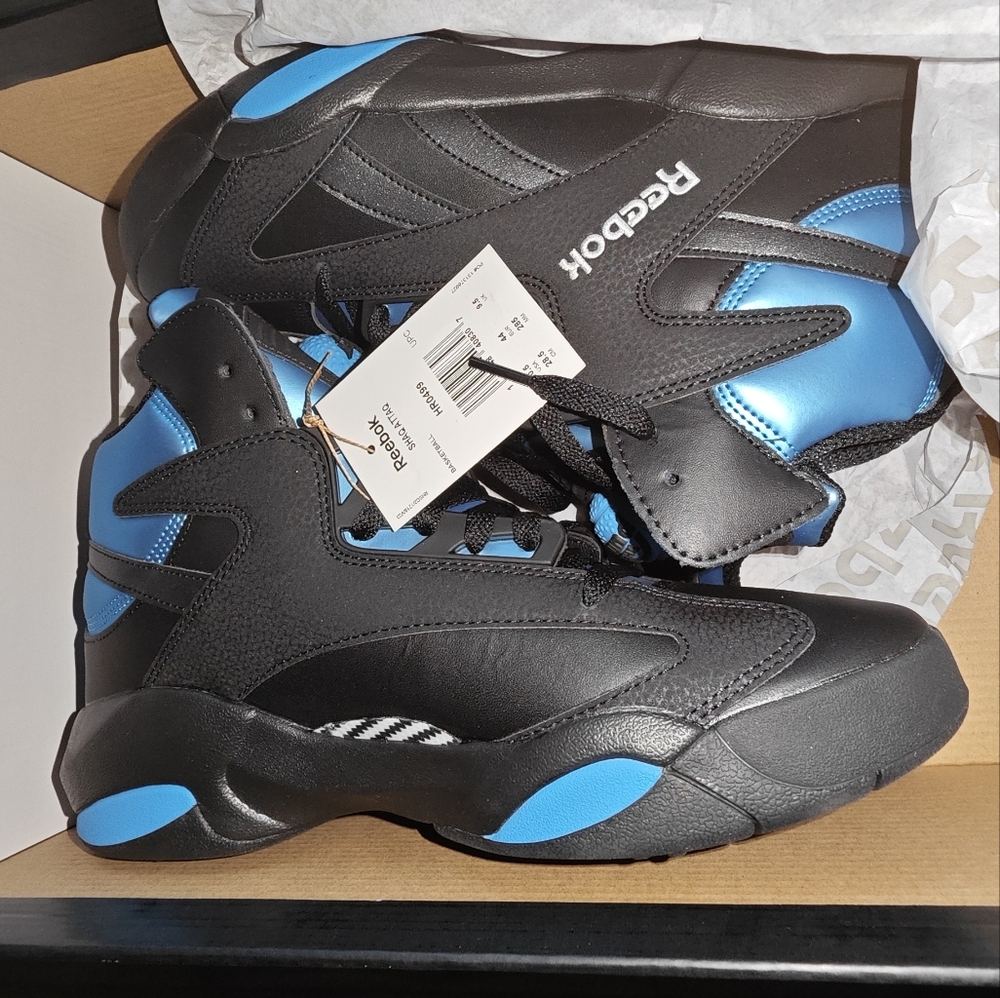 men's Reebok Shaq Attaq sneakers in the Core Black/Azure/Footwear White colorway